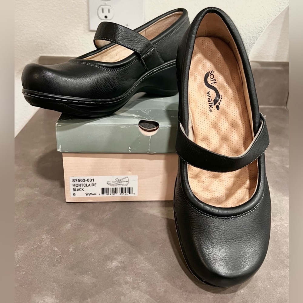 💥NEW SoftWalk Black Leather Mary Jane Clogs Heels Comfort Shoes Women’s US 9 WW